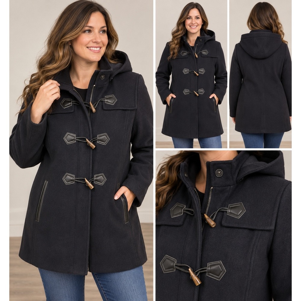 Liz Claiborne Womens Navy Blue Hooded Toggle Duffel Coat Jacket Size Large